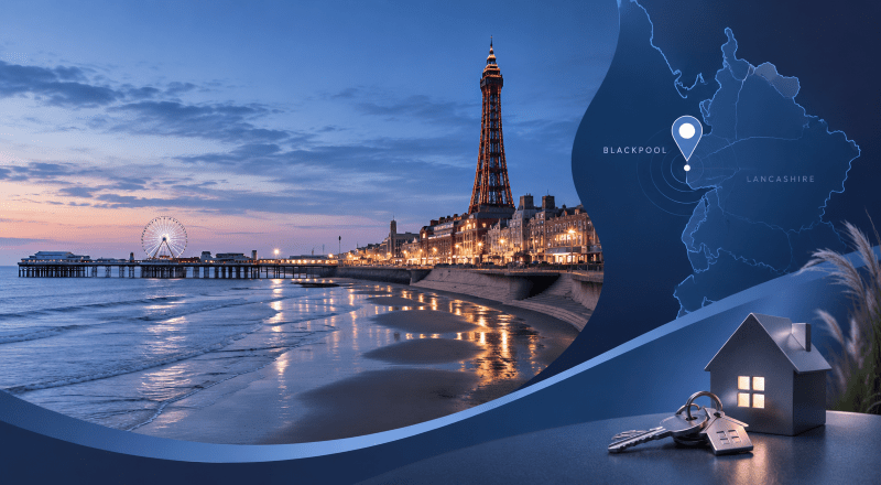 Mortgage Broker in Blackpool with Blackpool Tower, seafront, Lancashire map location pin, house model and keys.