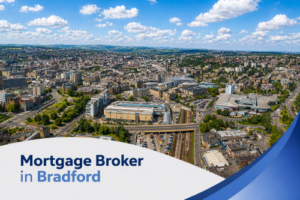 Bright summer aerial view of Bradford featuring a detailed urban landscape with roads, rail lines, and mixed residential and commercial buildings, set under a vivid blue sky with natural scattered clouds, overlaid with a clean curved white and blue banner displaying “Mortgage Broker in Bradford.”