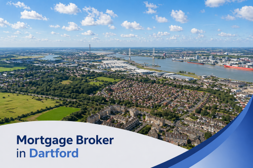 Bright summer aerial view of Dartford featuring residential neighbourhoods, green fields, and the River Thames with bridges and industrial areas in the distance, set under a clear blue sky with realistic scattered clouds, overlaid with a clean curved white and blue banner displaying the text “Mortgage Broker in Dartford”.
