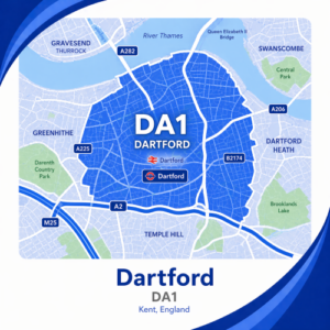 A square, blue-themed postcode map of Dartford in Kent, styled with curved branded borders. The map highlights postcode area DA1. Major roads such as the A2, A206, A225, A282, and M25 are labelled. Dartford town centre and station are marked near the middle, with the River Thames along the top edge and the Queen Elizabeth II Bridge shown crossing it. Nearby areas such as Greenhithe, Swanscombe, and Dartford Heath are also labelled, with parks like Central Park and Darenth Country Park shown in green. The design uses layered blue tones with white text and clean boundary lines for clarity.