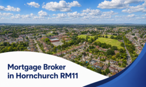 Mortgage Broker in Hornchurch RM11 banner showing a bright summer aerial view of a leafy suburban neighbourhood with homes, green open fields, and realistic fluffy clouds, framed by a white curved text panel and blue wave graphics.