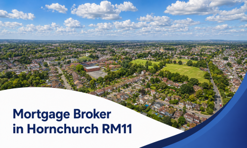 Mortgage Broker in Hornchurch RM11 banner showing a bright summer aerial view of a leafy suburban neighbourhood with homes, green open fields, and realistic fluffy clouds, framed by a white curved text panel and blue wave graphics.