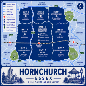 A square, blue-themed postcode map of Hornchurch in Essex, styled with curved branded borders. The map highlights postcode area RM11, including subdivisions such as RM11 1 (Hornchurch town centre), RM11 2 (Heath Park), RM11 3 (Gooshays), RM11 4 (Hacton), RM11 5 (Hornchurch South), RM11 6 (Airfield), and RM11 7 (Hornchurch Country Park). Major roads such as the A127, A124, A125, A130, and A13 are labelled. Hornchurch town centre is marked near the middle, with Hornchurch Station, Elm Park Station, and Upminster Bridge Station indicated. Key landmarks such as The Liberty Shopping Centre, Havering Town Hall, and Hornchurch Library are shown. Nearby areas including Romford, Upminster, Rainham, Dagenham, and Gidea Park are labelled. Green spaces such as Harrow Lodge Park, Hornchurch Country Park, Hacton Woods, and local recreation grounds are shown in green, with the River Ingrebourne running along the eastern side. The design uses layered blue tones with white text and clean boundary lines for clarity.