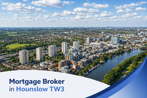 A bright, summer aerial view of Hounslow TW3 featuring modern high-rise buildings alongside a winding river and surrounding green spaces under a blue sky with realistic, scattered clouds. A clean, curved white and blue banner overlays the bottom of the image, displaying the text “Mortgage Broker in Hounslow TW14” in bold blue font, with all watermarks removed for a polished, copyright-free promotional design.