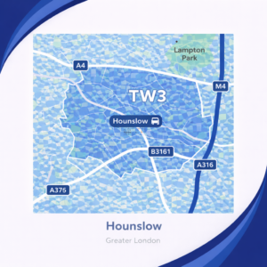 A square, blue-themed postcode map of Cullompton in Devon, styled with curved branded borders. The map highlights postcode area EX15. Major roads such as the M5, A373, and B3181 are labelled. Cullompton town centre is marked near the middle, with Padbrook Park shown in green to the southwest. The design uses layered blue tones with white text and clean boundary lines for clarity.
