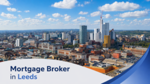 Bright summer aerial view of Leeds city centre with a mix of modern high-rise buildings and historic architecture, surrounded by greenery and distant hills, under a vivid blue sky with natural, realistic scattered clouds, featuring a clean curved white and blue banner at the bottom displaying the text “Mortgage Broker in Leeds”.