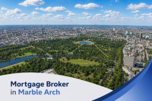 Bright summer aerial view of Marble Arch and Hyde Park, showing expansive green parkland, lakes, and surrounding London cityscape under a vivid blue sky with realistic scattered clouds, overlaid with a clean curved white and blue banner displaying the text “Mortgage Broker in Marble Arch”.