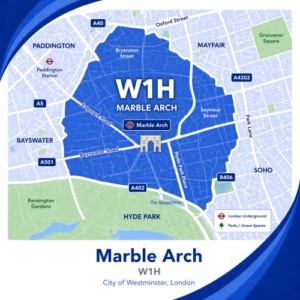 A square, blue-themed postcode map of Marble Arch in central London, styled with curved branded borders. The map highlights postcode area W1H. Major roads such as the A40, A402, A501, and A4202 are labelled. Marble Arch is marked near the centre with a landmark icon, with Hyde Park shown in green to the south. Nearby areas such as Paddington, Bayswater, Mayfair, and Soho are also labelled. The design uses layered blue tones with white text and clean boundary lines for clarity.