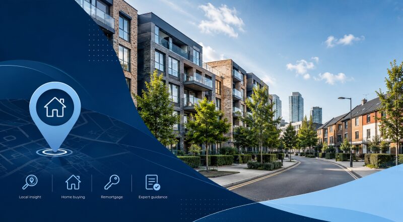 Mortgage Broker in North Acton location guide with modern homes, apartment buildings and local mortgage icons.