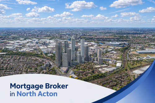 Bright, high-resolution aerial view of North Acton on a clear summer day, featuring modern high-rise developments surrounded by residential streets, rail lines, and commercial areas under a vivid blue sky with realistic scattered clouds, overlaid with a clean curved banner displaying the text “Mortgage Broker in North Acton”.