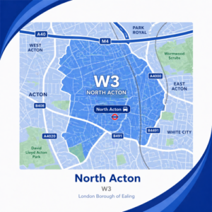 A square, blue-themed postcode map of North Acton in London, styled with curved branded borders. The map highlights postcode area W3. Major roads such as the A40, M4, A4000, B491, and B4491 are labelled. North Acton station is marked near the centre, with Wormwood Scrubs shown in green to the east and David Lloyd Acton Park to the southwest. The design uses layered blue tones with white text and clean boundary lines for clarity.