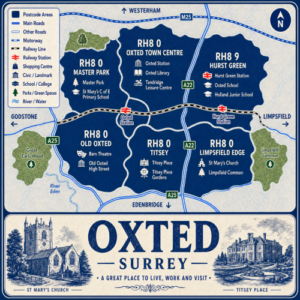 Illustrated blue and white vintage-style map poster of Oxted, Surrey, showing RH8 postcode areas including Oxted Town Centre, Master Park, Old Oxted, Titsey, Limpsfield Edge, and RH8 9 Hurst Green. The map includes the M25, A22, A25, railway lines, Oxted and Hurst Green stations, parks and commons, the River Eden, schools, and local landmarks such as Oxted Library, Tandridge Leisure Centre, Barn Theatre, St Mary’s Church, and Titsey Place. A large title panel at the bottom reads “OXTED SURREY” and features decorative drawings of St Mary’s Church and Titsey Place.