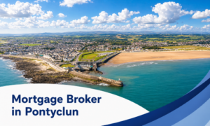 Mortgage Broker in Pontyclun banner showing a bright summer aerial view of a coastal town with a sandy beach, turquoise sea, harbour wall, and distant green hills beneath realistic fluffy clouds, framed by a white curved text panel and blue wave graphics.