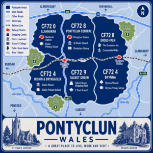 Illustrated blue and white vintage-style map poster of Pontyclun, Wales, showing CF72 postcode areas including Pontyclun Central, Talbot Green, Llanharan, Miskin and Brynsadler, Brynna, and Groes-faen. The map includes the M4, A473, A4119, railway lines, Pontyclun and Llanharan stations, parks, rivers, schools, shopping areas, and local landmarks, with a large “PONTYCLUN WALES” title panel and decorative illustrations of St Paul’s Church and Miskin Manor.