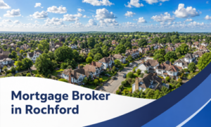Mortgage Broker in Rochford banner showing a bright summer aerial view of a leafy residential neighbourhood with detached homes, tree-lined streets, and realistic fluffy clouds, framed by a white curved text panel and blue wave graphics.