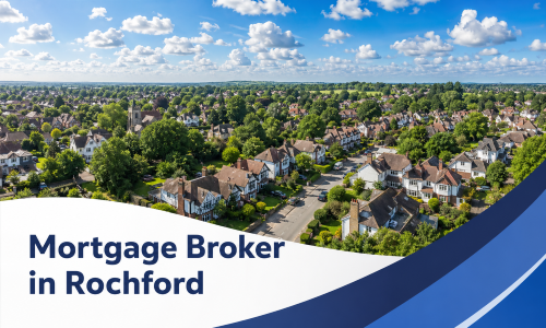 Mortgage Broker in Rochford banner showing a bright summer aerial view of a leafy residential neighbourhood with detached homes, tree-lined streets, and realistic fluffy clouds, framed by a white curved text panel and blue wave graphics.