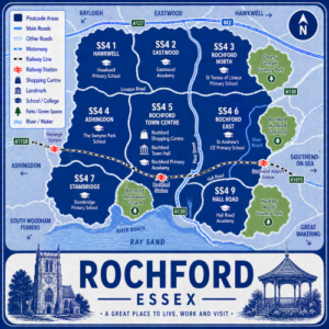 A square, blue-themed postcode map of Rochford in Essex, styled with curved branded borders. The map highlights postcode area SS4, including subdivisions such as SS4 1 (Hawkwell), SS4 2 (Eastwood), SS4 3 (Rochford North), SS4 4 (Ashingdon), SS4 5 (Rochford town centre), SS4 6 (Rochford East), SS4 7 (Stambridge), and SS4 9 (Hall Road). Major roads such as the A127, A130, A1158, and A1015 are labelled. Rochford town centre (SS4 5) is marked near the middle, with Rochford Station, Rayleigh Station, and Southend Airport Station indicated. Key landmarks such as Rochford Shopping Centre, Rochford Town Hall, and local schools are shown. Nearby areas including Southend-on-Sea, Hawkwell, Rayleigh, Hockley, and Great Wakering are labelled. Green spaces such as Cherry Orchard Country Park, Hockley Woods, Rochford Recreation Ground, and Rochford Hundred Golf Club are shown in green, with the River Roach and Ray Sand along the southern edge. The design uses layered blue tones with white text and clean boundary lines for clarity.