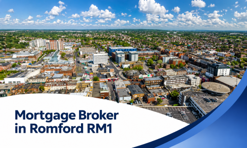 Mortgage Broker in Romford RM1 banner showing a bright summer aerial view of the town centre with commercial buildings, car parks, surrounding neighbourhoods, and realistic fluffy clouds, framed by a white curved text panel and blue wave graphics.