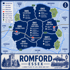 Illustrated blue and white vintage-style map poster of Romford, Essex, showing RM postcode areas including RM1 Romford Town Centre, RM2 Gidea Park, RM3 Harold Hill, RM5 Collier Row, RM6 Chadwell Heath, RM7 Rush Green, and RM11 Hornchurch. The map includes major roads, railway lines, stations, parks, shopping centres, and local landmarks, with a large “ROMFORD ESSEX” title panel and decorative illustrations of St Edward the Confessor Church and Romford Market.