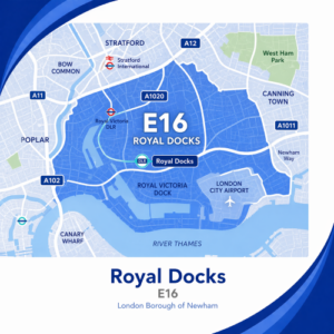 A square, blue-themed postcode map of Royal Docks in London, styled with curved branded borders. The map highlights postcode area E16. Major roads such as the A12, A1020, A13, and A1011 are labelled. Royal Docks is marked near the centre, with Royal Victoria Dock and London City Airport shown to the south, and the River Thames running along the bottom edge. Nearby areas such as Stratford, Canning Town, and Canary Wharf are also labelled. The design uses layered blue tones with white text and clean boundary lines for clarity.