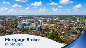 Bright summer aerial view of Slough showing a mix of residential neighbourhoods, town centre buildings, and commercial areas under a vivid blue sky with realistic scattered clouds, with a clean curved white and blue banner at the bottom displaying the text “Mortgage Broker in Slough”.