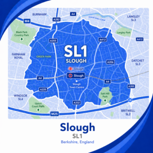A square, blue-themed postcode map of Slough in Berkshire, styled with curved branded borders. The map highlights postcode area SL1. Major roads such as the M4, A4, A355, A412, A332, and A206 are labelled. Slough town centre and station are marked near the middle, with nearby areas such as Burnham, Langley, Windsor, and Farnham Royal also labelled. Parks including Black Park Country Park, Upton Court Park, and Salt Hill Park are shown in green. The design uses layered blue tones with white text and clean boundary lines for clarity.