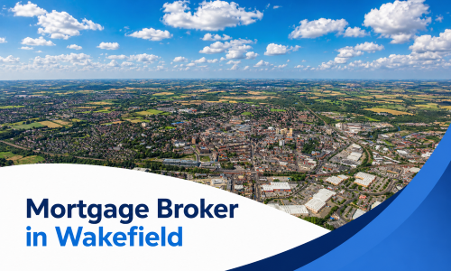 Mortgage Broker in Wakefield banner showing a bright summer aerial view of Wakefield town centre surrounded by suburban neighbourhoods and patchwork countryside, beneath realistic fluffy clouds, with a white curved text panel, two-tone blue title, and blue wave graphics.