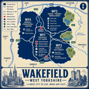 Illustrated blue and cream vintage-style map poster of Wakefield, West Yorkshire, showing postcode areas including WF1 Wakefield City Centre, WF2 Sandal, Thornes and Newmillerdam, WF3 Stanley and East Ardsley, and WF4 Horbury, Crigglestone and Crofton. The map includes the M1, M62, A61, A638, A642 and A650, railway lines, Wakefield Westgate and Wakefield Kirkgate stations, the River Calder, Calder and Hebble Navigation, parks and country parks, and landmarks including Wakefield Cathedral, Trinity Walk Shopping Centre, Wakefield College, The Hepworth Wakefield, Sandal Castle, Thornes Park, Pugneys Country Park and Newmillerdam Country Park. A large title panel at the bottom reads “WAKEFIELD WEST YORKSHIRE” with decorative illustrations of Wakefield Cathedral and Sandal Castle.