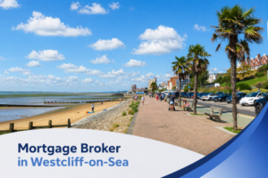 Bright summer seafront scene in Westcliff-on-Sea with a wide promenade lined by palm trees, benches, parked cars, sandy beach, and calm estuary water under a vivid blue sky with soft realistic clouds, featuring a curved white and blue banner reading “Mortgage Broker in Westcliff-on-Sea”.