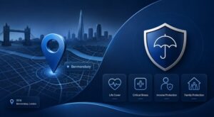 Protection Adviser in Bermondsey with location map pin and protection icons for life cover, critical illness, income protection and family protection.