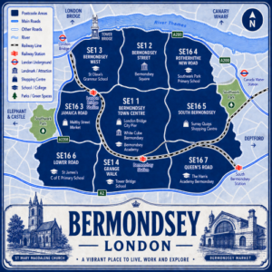  Illustrated blue and white vintage-style map poster of Bermondsey, London, showing postcode areas labelled SE16 1 to SE16 6, including Bermondsey North, West, East, South, Central, and Rotherhithe Edge. The map features the River Thames, main roads, railway lines, London Underground and railway stations, parks such as Southwark Park, Burgess Park, and Russia Dock Woodland, plus local landmarks including Bermondsey Square, Maltby Street Market, Southwark Heritage Centre, and Leathermarket Gardens. A large title panel at the bottom reads “BERMONDSEY LONDON” and includes decorative drawings of St Mary Magdalene Church and The Biscuit Factory.