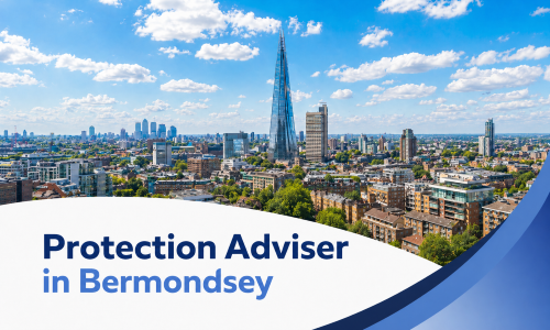 Protection Adviser in Bermondsey banner showing a bright summer London skyline with The Shard rising above modern and residential buildings under realistic fluffy clouds, with a white curved text panel and blue wave graphics.
