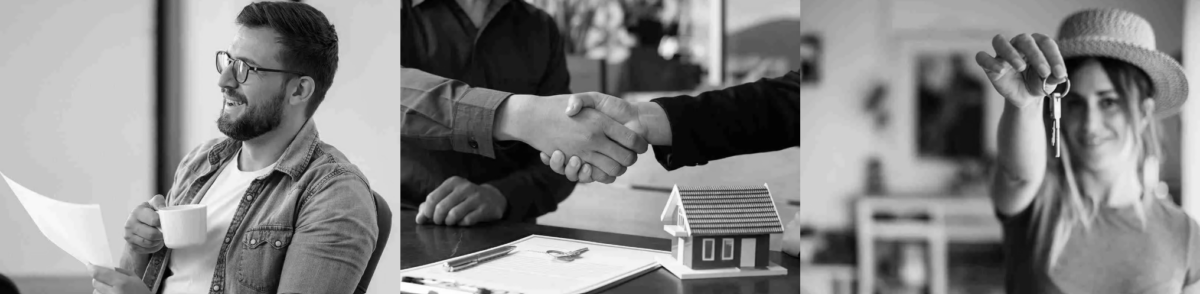Black and white mortgage advice collage showing a client reviewing documents, a handshake beside a model house, and a homeowner holding keys. All Sorted Mortgages