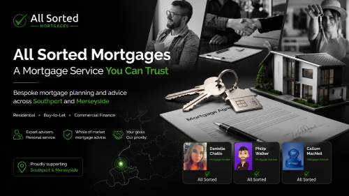 All Sorted Mortgages hero banner in black, white and green showing the company logo, a green tick motif, house keys on mortgage documents, a modern home model, Southport and Merseyside location references, and adviser cards for Danielle Challis, Philip Walker and Callum MacNeil.