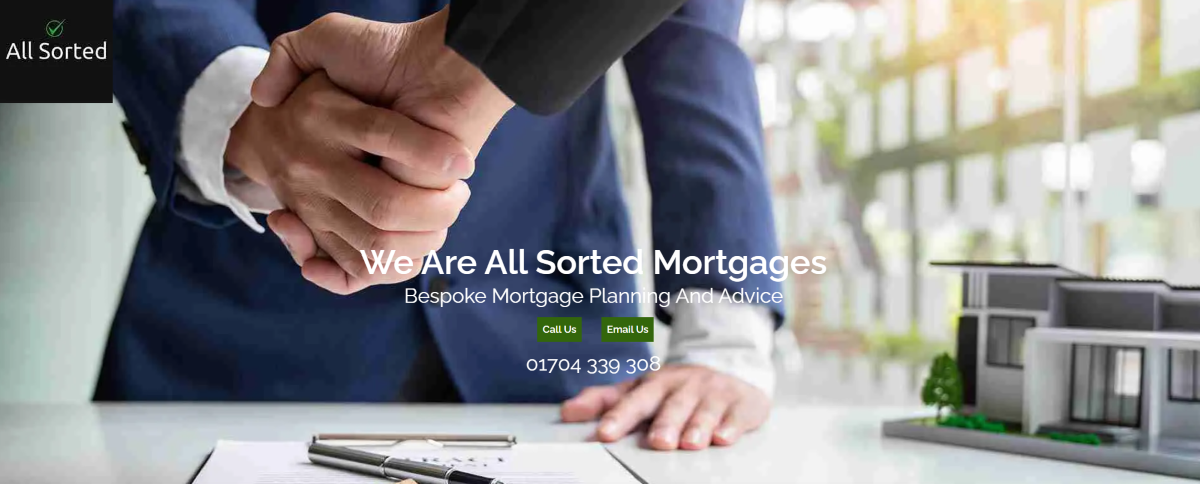 All Sorted Mortgages banner showing a professional handshake, modern property model, and bespoke mortgage planning and advice branding.