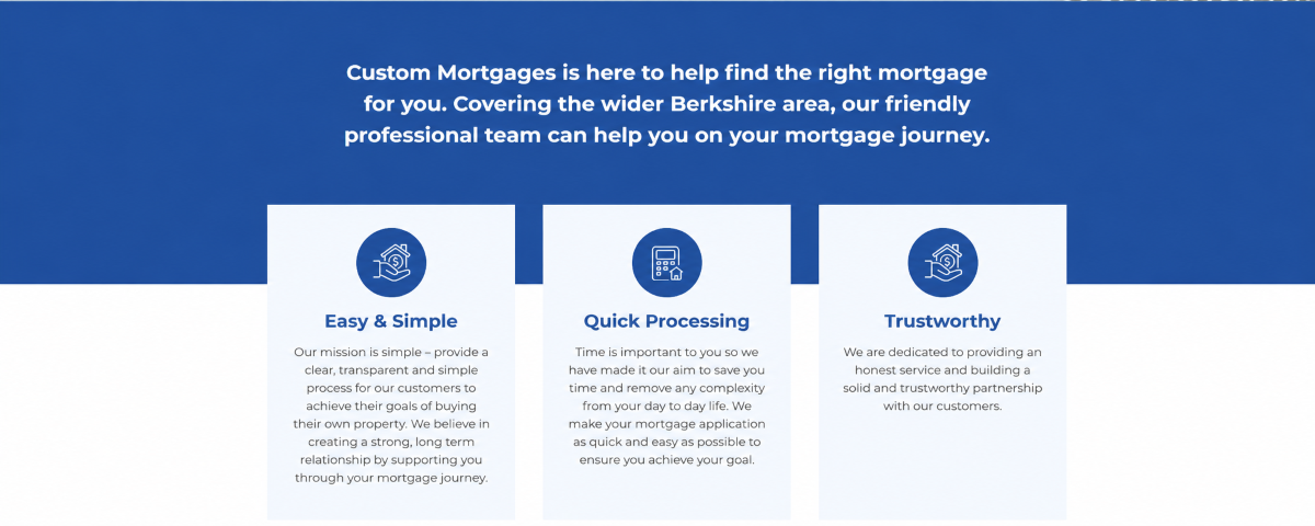 CM Finance Experts Custom Mortgages and Finance website section with a blue header explaining their mortgage support, followed by three service cards highlighting Easy & Simple, Quick Processing and Trustworthy values. CM Finance Experts
