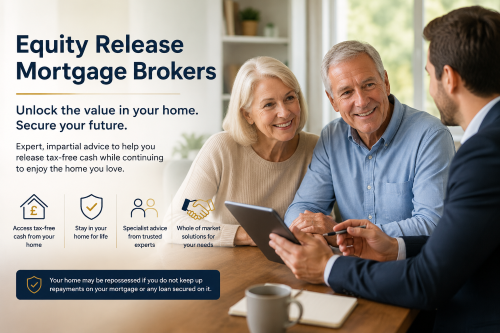 Equity release mortgage broker advising an older couple at home about releasing tax-free cash from their property.