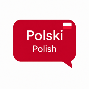 Find Mortgage Brokers by Language speech bubble showing “Polski” above “Polish” in white text on a red background, with a small Polish flag in the top-right corner.