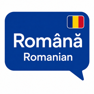 Find Mortgage Brokers by Language speech bubble showing “Română” above “Romanian” in white text on a blue background, with a small Romanian flag in the top-right corner.