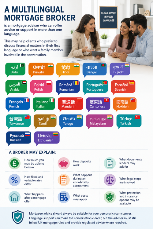 Find Mortgage Brokers by Language image showing a search bar and colourful language speech bubbles for Urdu, Punjabi, Hindi, Bengali, Gujarati, Arabic, Polish, Romanian, Portuguese, Spanish, French, Italian, Mandarin, Cantonese, Hokkien, Taiwanese, Tamil, Telugu, Malayalam, Turkish, Russian and Lithuanian, each with a small country flag.
