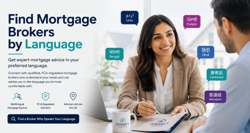 Find Mortgage Brokers by Language hero image showing a multilingual mortgage adviser speaking with a client, with language speech bubbles for Urdu, Punjabi, Bengali, Hindi, Cantonese and Mandarin.