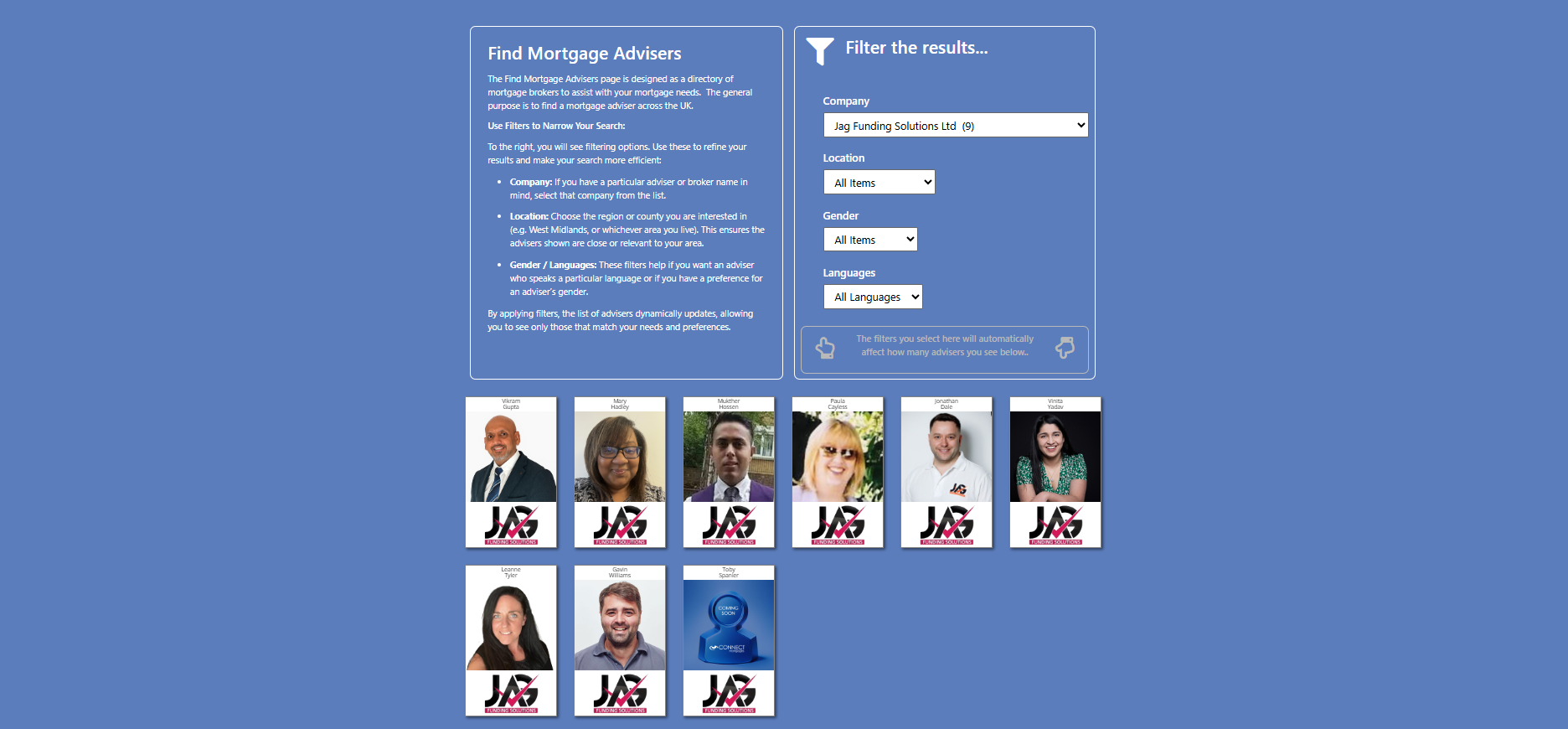 Find Mortgage Advisers page showing the Jag Funding Solutions Ltd company filter selected, with filter options for location, gender and language, and nine JAG Funding Solutions adviser profile cards displayed below. Jag Funding Solutions Experts