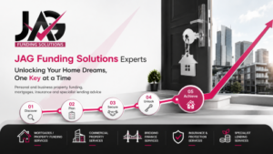 JAG Funding Solutions Experts hero banner featuring the JAG logo, magenta tick branding, a key in a front door, city property buildings, an upward progress arrow, application step icons and service icons for mortgages, commercial property, bridging finance, insurance and specialist lending. Jag Funding Solutions Experts