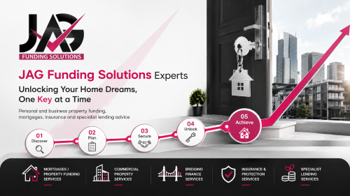 JAG Funding Solutions Experts hero banner featuring the JAG logo, magenta tick branding, a key in a front door, city property buildings, an upward progress arrow, application step icons and service icons for mortgages, commercial property, bridging finance, insurance and specialist lending. Jag Funding Solutions Experts