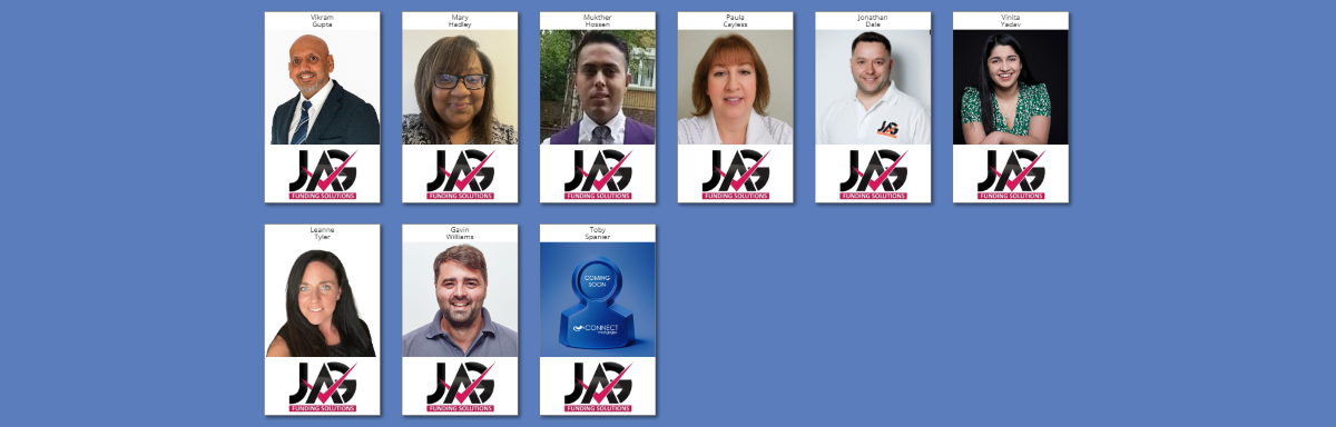 JAG Funding Solutions adviser profile cards showing Vikram Gupta, Mary Hadley, Mukther Hossen, Paula Cayless, Jonathan Dale, Vinita Yadav, Leanne Tyler, Gavin Williams and Toby Spanier, each with a headshot or placeholder image and the JAG Funding Solutions logo. Jag Funding Solutions Experts