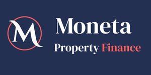 Moneta Property Finance logo with a navy background, white Moneta text, coral Finance text, and a stylised M icon inside a coral circle.