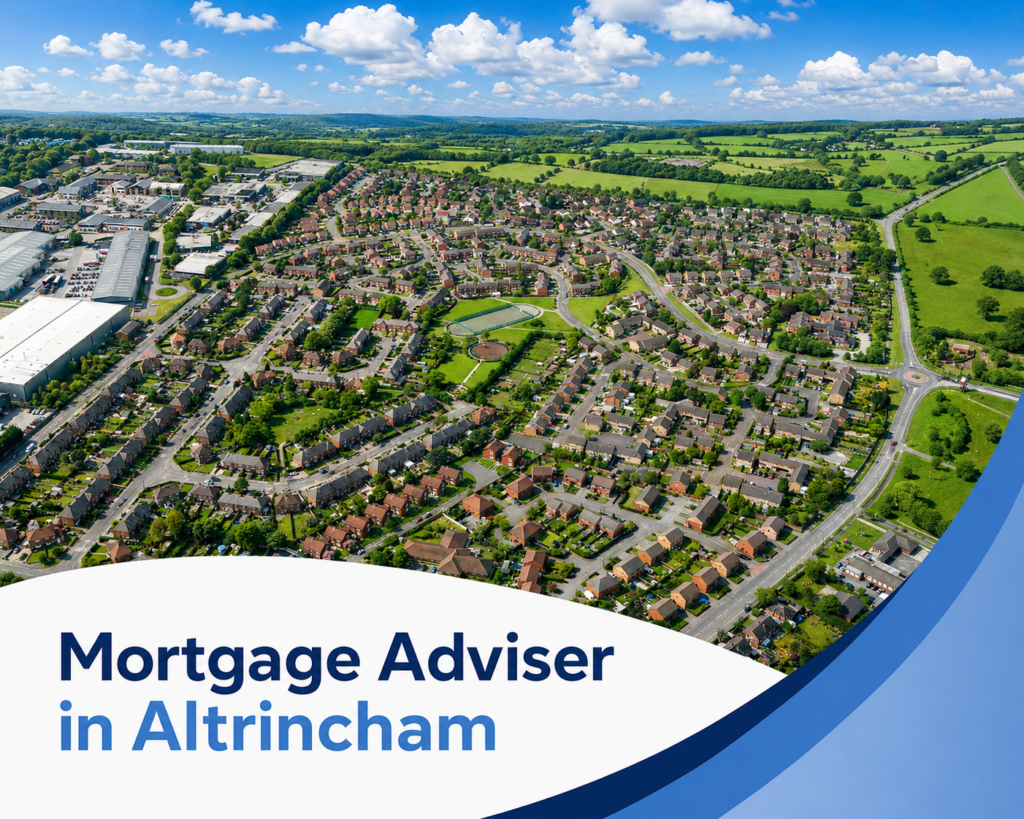 Bright summer aerial view of Altrincham with suburban housing estates, surrounding green fields, industrial buildings and realistic clouds, with branded blue and white graphics reading “Mortgage Adviser in Altrincham”.