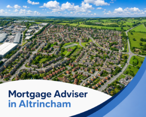 Bright summer aerial view of Altrincham with suburban housing estates, surrounding green fields, industrial buildings and realistic clouds, with branded blue and white graphics reading “Mortgage Adviser in Altrincham”.