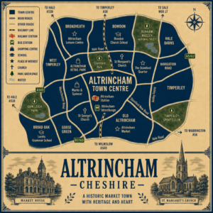 Vintage illustrated map poster of Altrincham, Cheshire, with a cream parchment background and dark navy neighbourhood areas centred on Altrincham Town Centre. The map shows labelled roads, railway line, Altrincham Station, Altrincham Interchange, shopping areas, schools, churches, parks, green spaces and water features. Surrounding areas include Broadheath, Bowdon, Hale Barns, Timperley, Old Altrincham, Goose Green, Broad Oak and West Timperley. Key landmarks include Altrincham Market, The Stamford Quarter, Stamford Park, Dunham Massey, John Leigh Park, Altrincham Leisure Centre, St Margaret’s Church, St George’s Church, Bowdon Church School and Loreto Grammar School. A decorative lower panel reads “ALTRINCHAM, CHESHIRE” with engraved-style illustrations of the Market House and St Margaret’s Church, plus the subtitle “A historic market town with heritage and heart.”