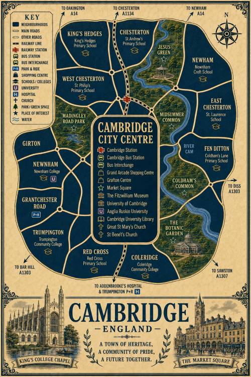 Vintage illustrated map poster of Cambridge, England, with a cream parchment background and dark navy neighbourhood areas centred on Cambridge City Centre. The map shows labelled roads, railway line, Cambridge Station, Cambridge Bus Station, bus interchange, park and ride, shopping centres, universities, hospital, churches, parks, green spaces and the River Cam. Surrounding areas include King’s Hedges, Chesterton, Newham, East Chesterton, Fen Ditton, Coldham’s Common, Coleridge, Red Cross, Trumpington, Grantchester Road, Newnham and Girton. Key landmarks include Grand Arcade Shopping Centre, Grafton Centre, Market Square, The Fitzwilliam Museum, University of Cambridge, Anglia Ruskin University, Cambridge University Library, Great St Mary’s Church, St Bene’t’s Church, Jesus Green, Midsummer Common and the Botanic Garden. A decorative lower panel reads “CAMBRIDGE, ENGLAND” with engraved-style illustrations of King’s College Chapel and Market Square, plus the subtitle “A town of heritage, a community of pride, a future together.” Mortgage Adviser in Cambridge CB1